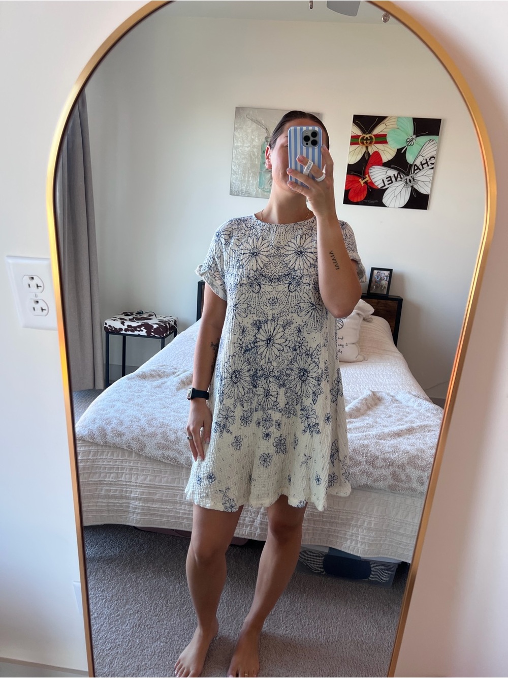 Free People White Mini Dress with Navy Floral Print